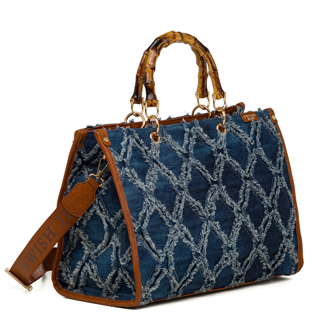Borsa a mano in jeans con dettagli marroni e manici effetto bamboo Swish Jeans