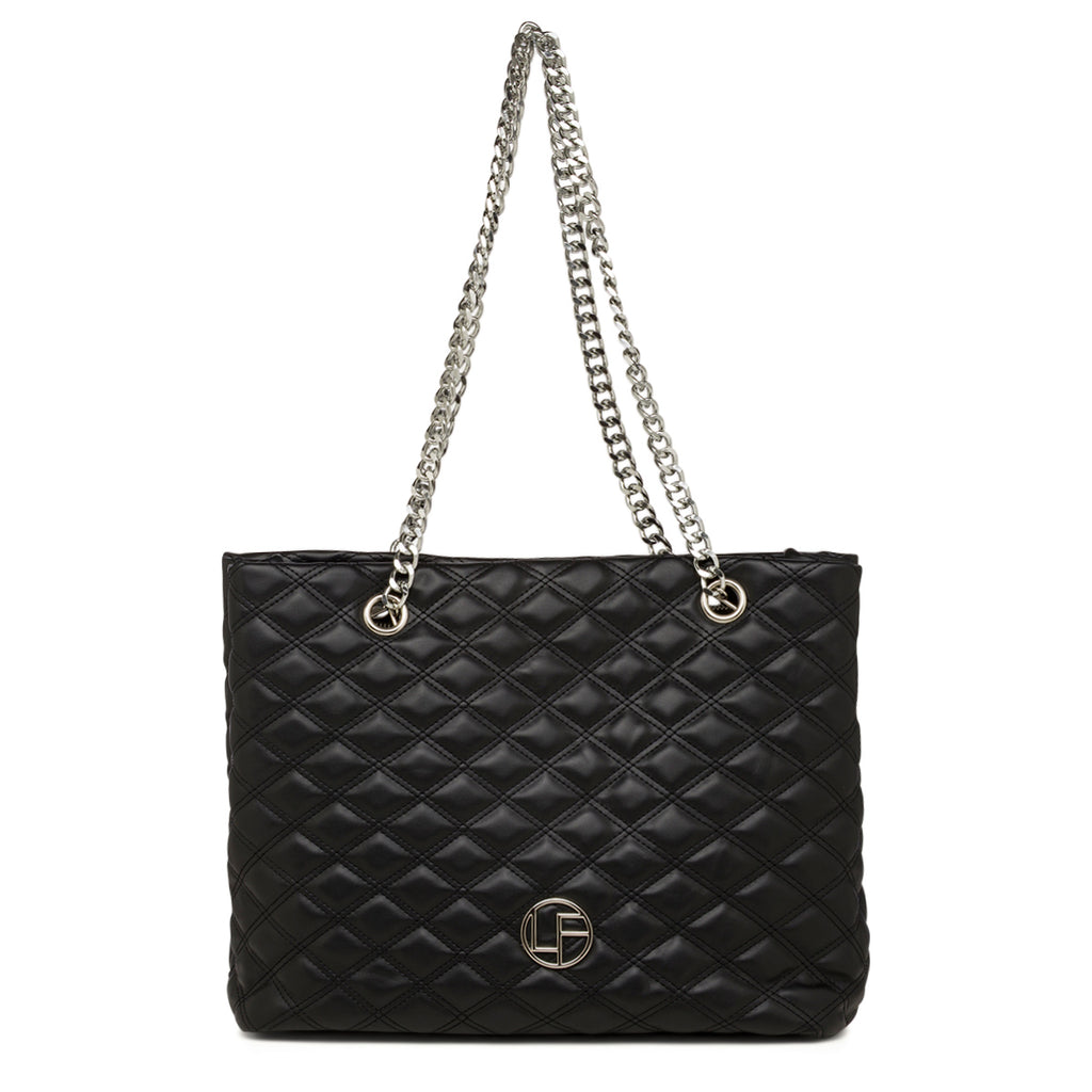 Borsa a spalla nera effetto trapuntato da Donna e con logo Lora Ferres