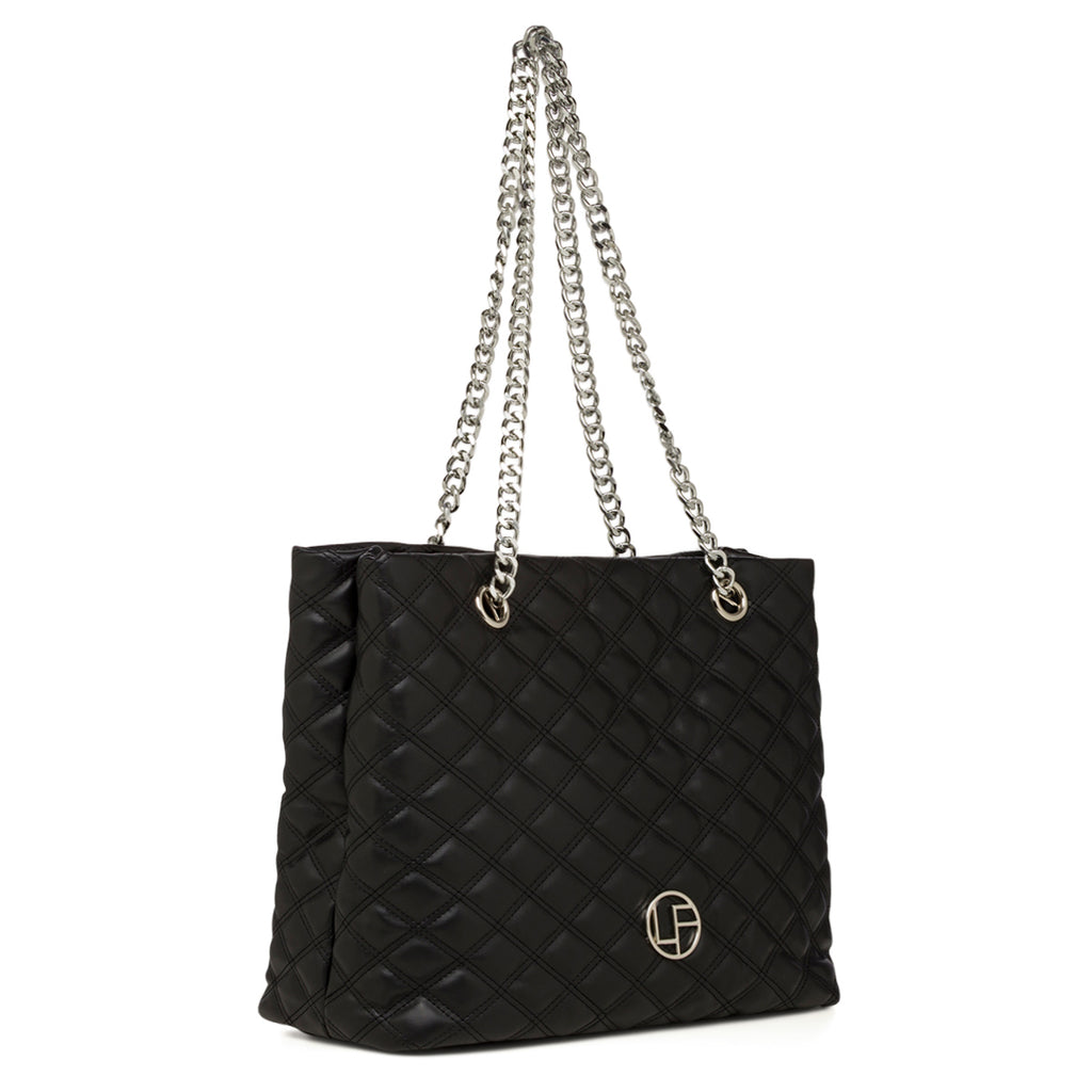 Borsa a spalla nera effetto trapuntato da Donna e con logo Lora Ferres