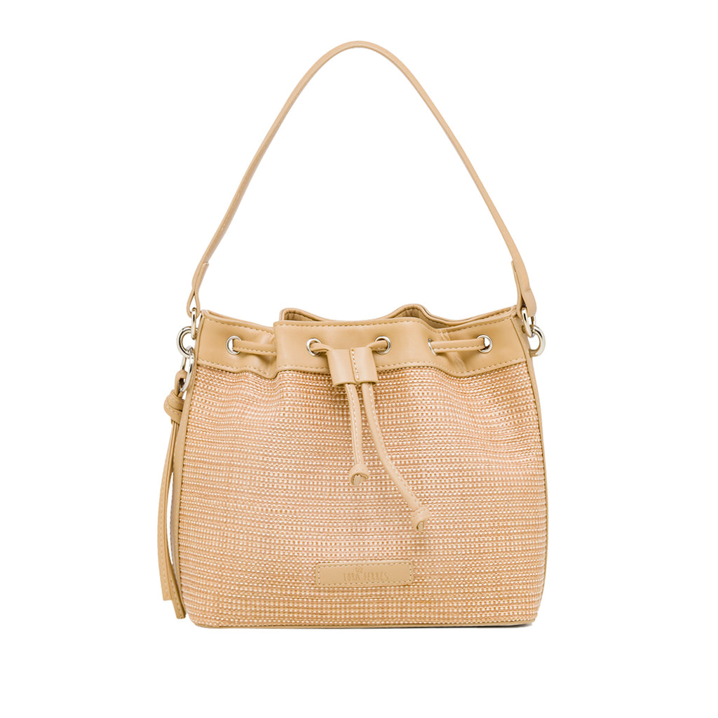 Borsa a tracolla Beige da Donna effetto rafia con coulisse e logo ricamato Lora Ferres