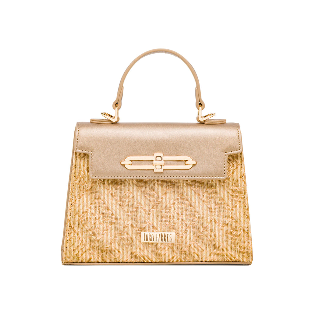 Borsa a Mano Oro da Donna con fibbia dorata e inserto in rafia Lora Ferres