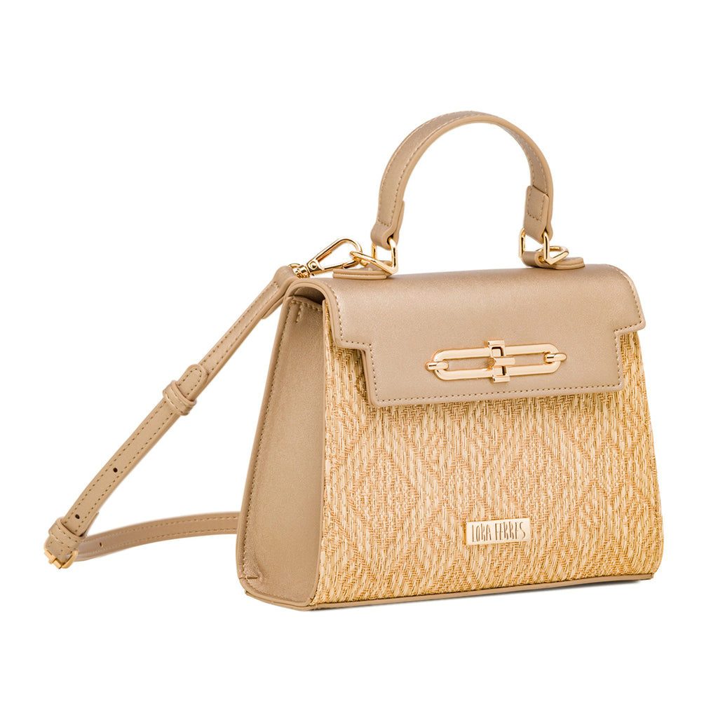 Borsa a Mano Oro da Donna con fibbia dorata e inserto in rafia Lora Ferres