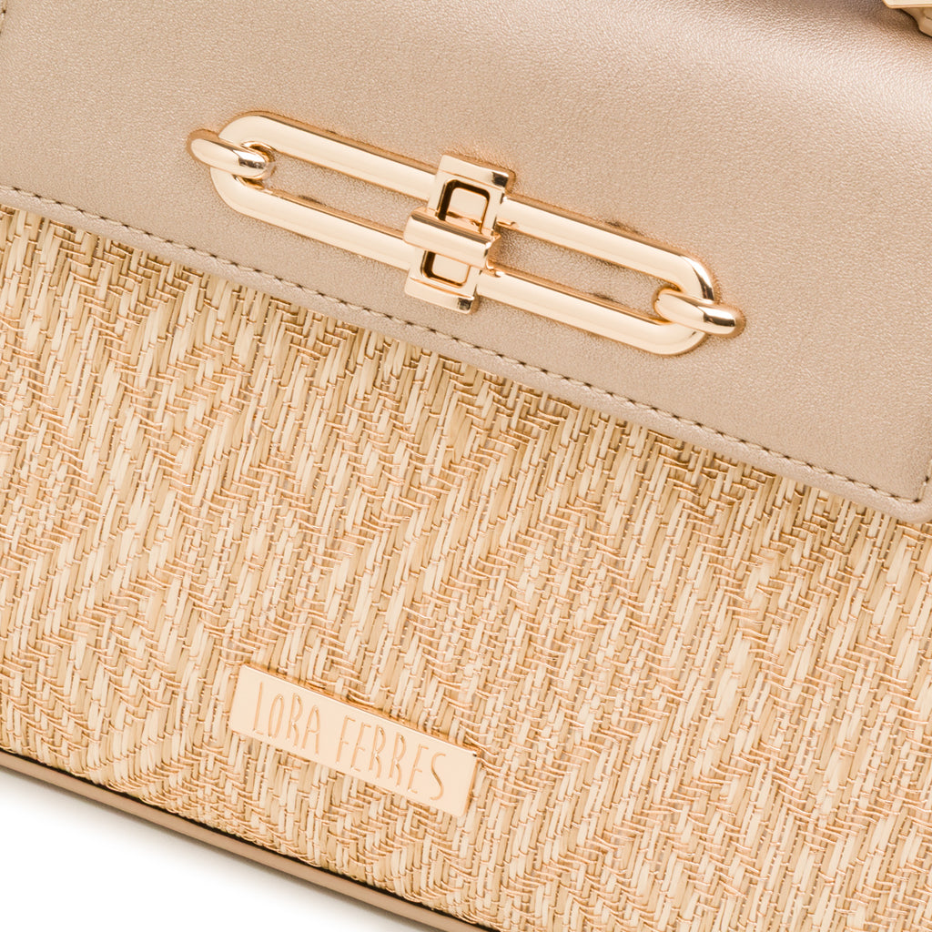 Borsa a Mano Oro da Donna con fibbia dorata e inserto in rafia Lora Ferres