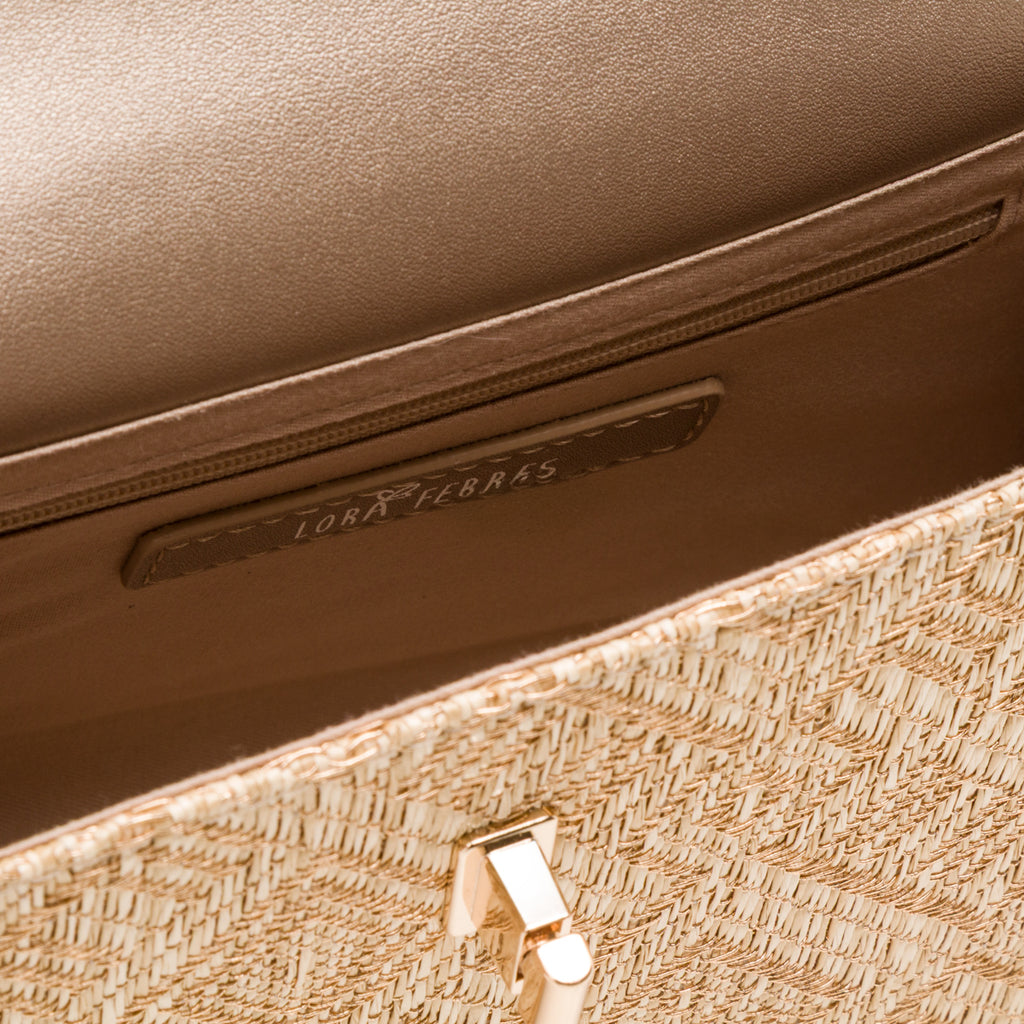 Borsa a Mano Oro da Donna con fibbia dorata e inserto in rafia Lora Ferres