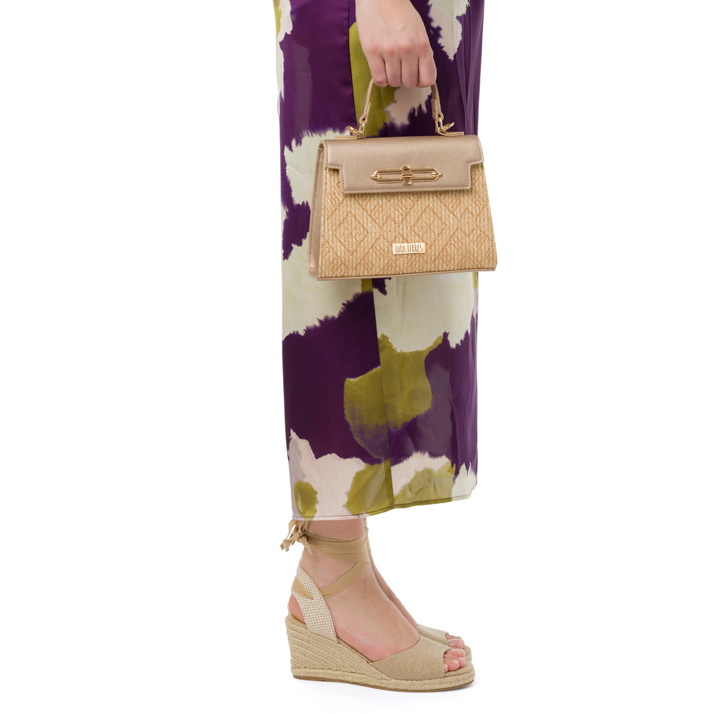 Borsa a Mano Oro da Donna con fibbia dorata e inserto in rafia Lora Ferres