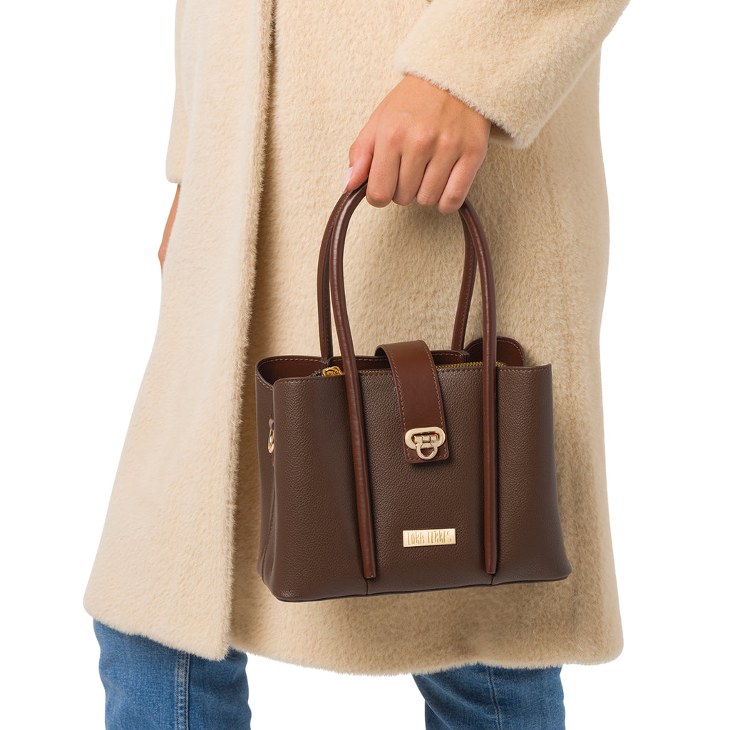 Borsa a Mano da Donna Marrone con Dettagli Oro Lora Ferres