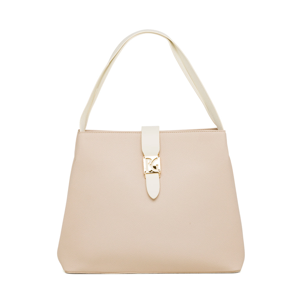 Borsa a tracolla nude da donna con logo frontale in metallo Romeo Gigli Milano Wanda