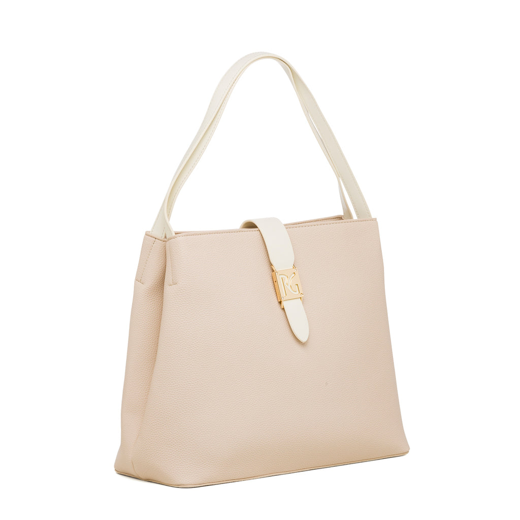 Borsa a tracolla nude da donna con logo frontale in metallo Romeo Gigli Milano Wanda