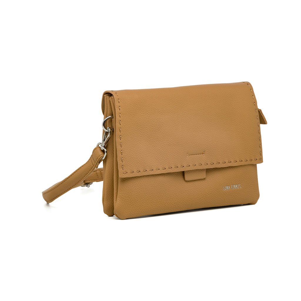 Borsa a tracolla da donna beige con logo frontale Lora Ferres