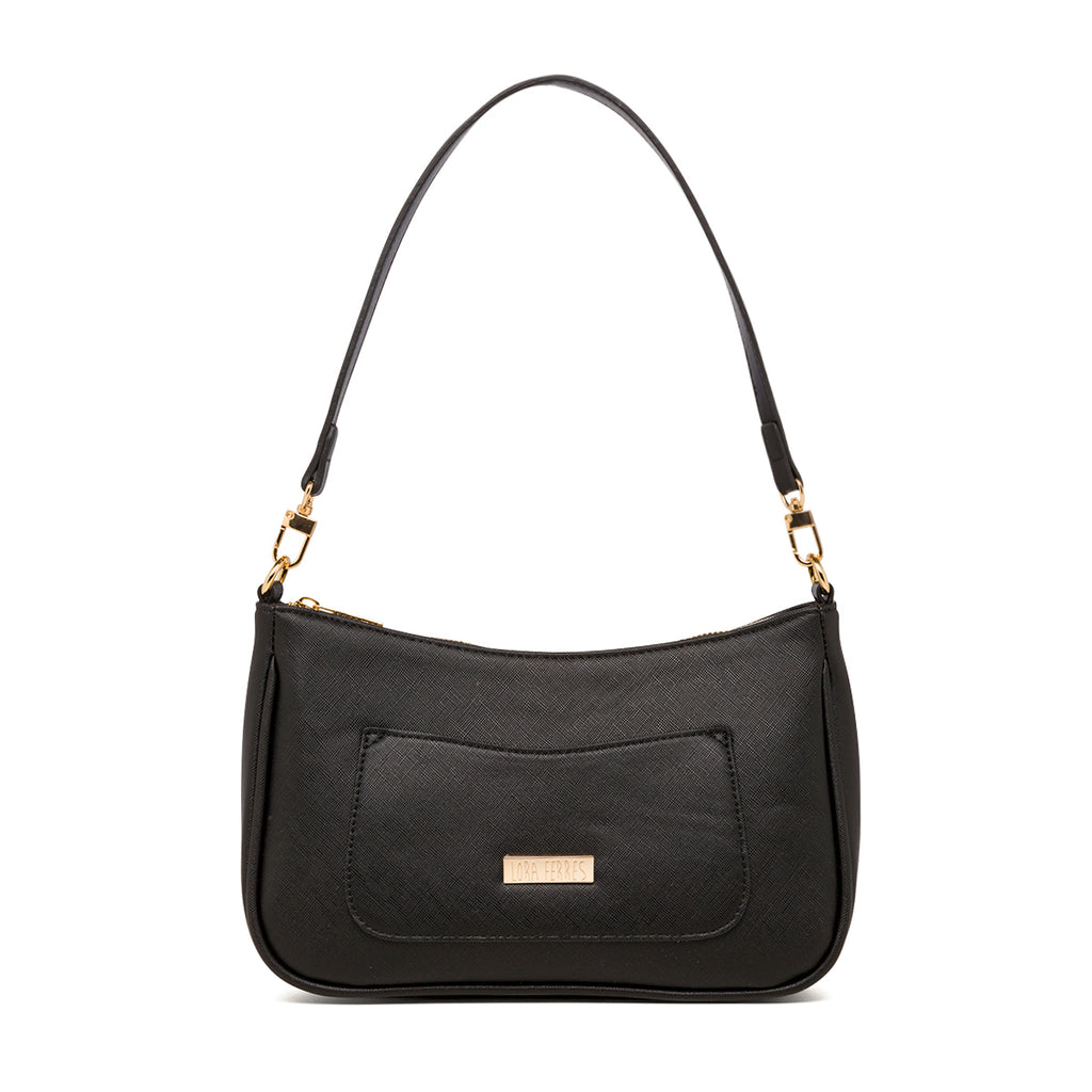 Borsa a tracolla nera con logo in metallo Lora Ferres