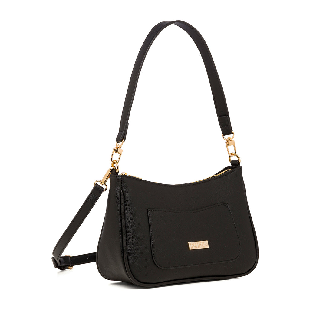 Borsa a tracolla nera con logo in metallo Lora Ferres