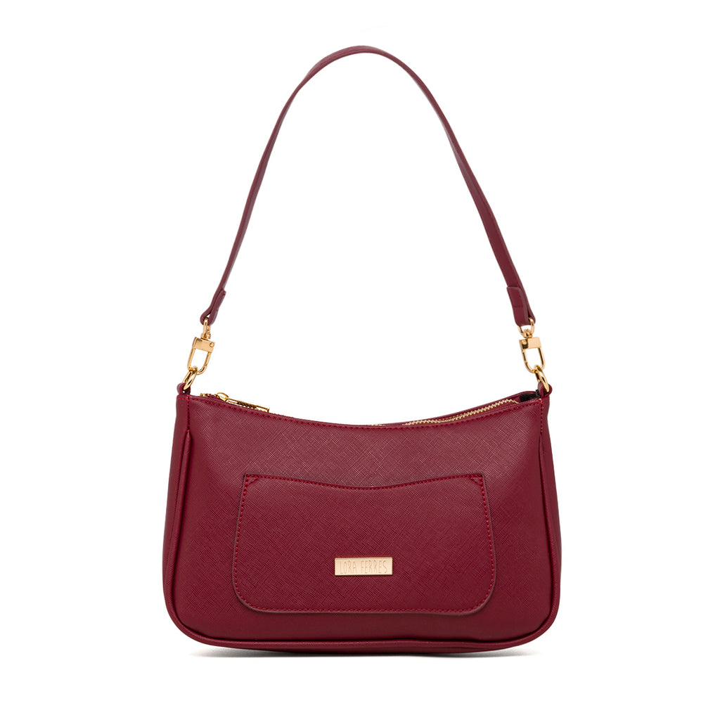 Borsa a tracolla rosso bordeaux con logo in metallo Lora Ferres