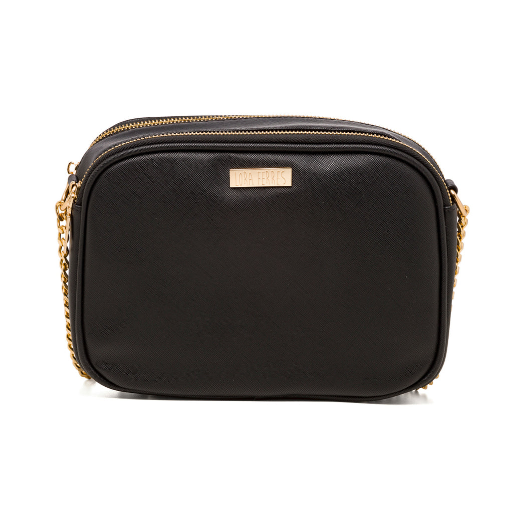 Borsa a tracolla nera con logo in metallo Lora Ferres