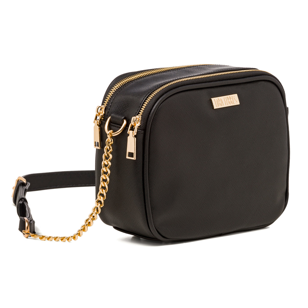 Borsa a tracolla nera con logo in metallo Lora Ferres