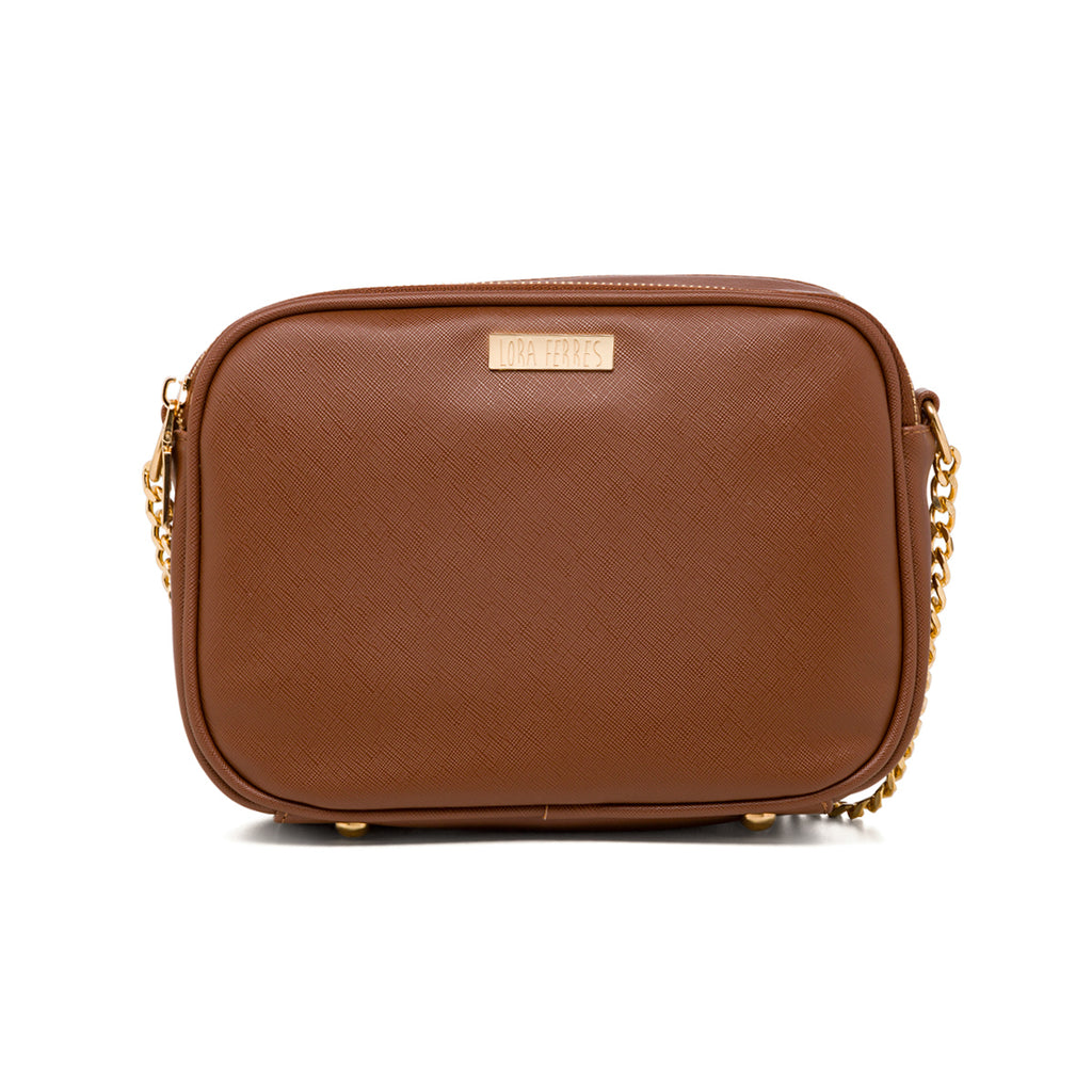 Borsa a tracolla marrone con logo in metallo Lora Ferres