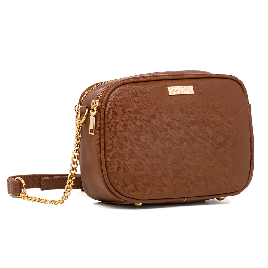 Borsa a tracolla marrone con logo in metallo Lora Ferres