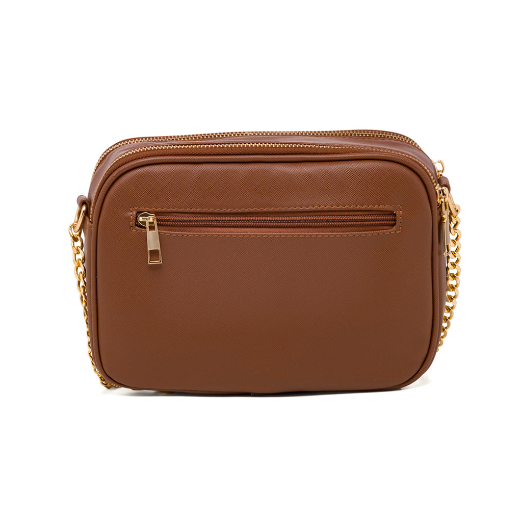 Borsa a tracolla marrone con logo in metallo Lora Ferres