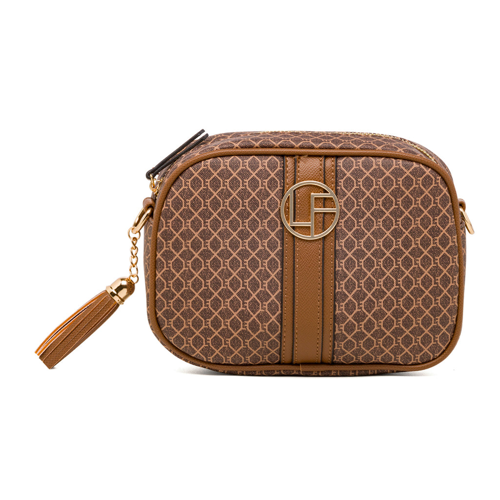 Borsa a tracolla da donna marrone e beige con logo Lora Ferres