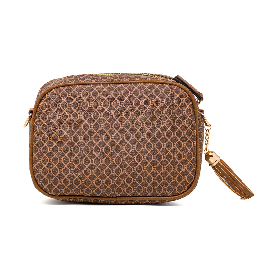 Borsa a tracolla da donna marrone e beige con logo Lora Ferres