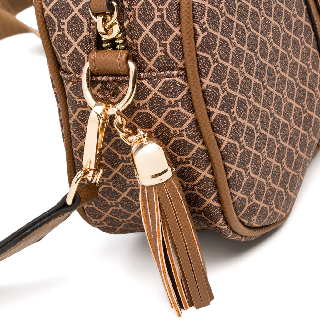 Borsa a tracolla da donna marrone e beige con logo Lora Ferres