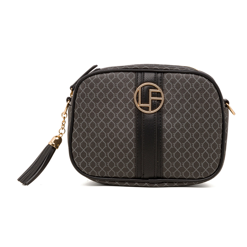 Borsa a tracolla da donna nera e grigia con logo Lora Ferres