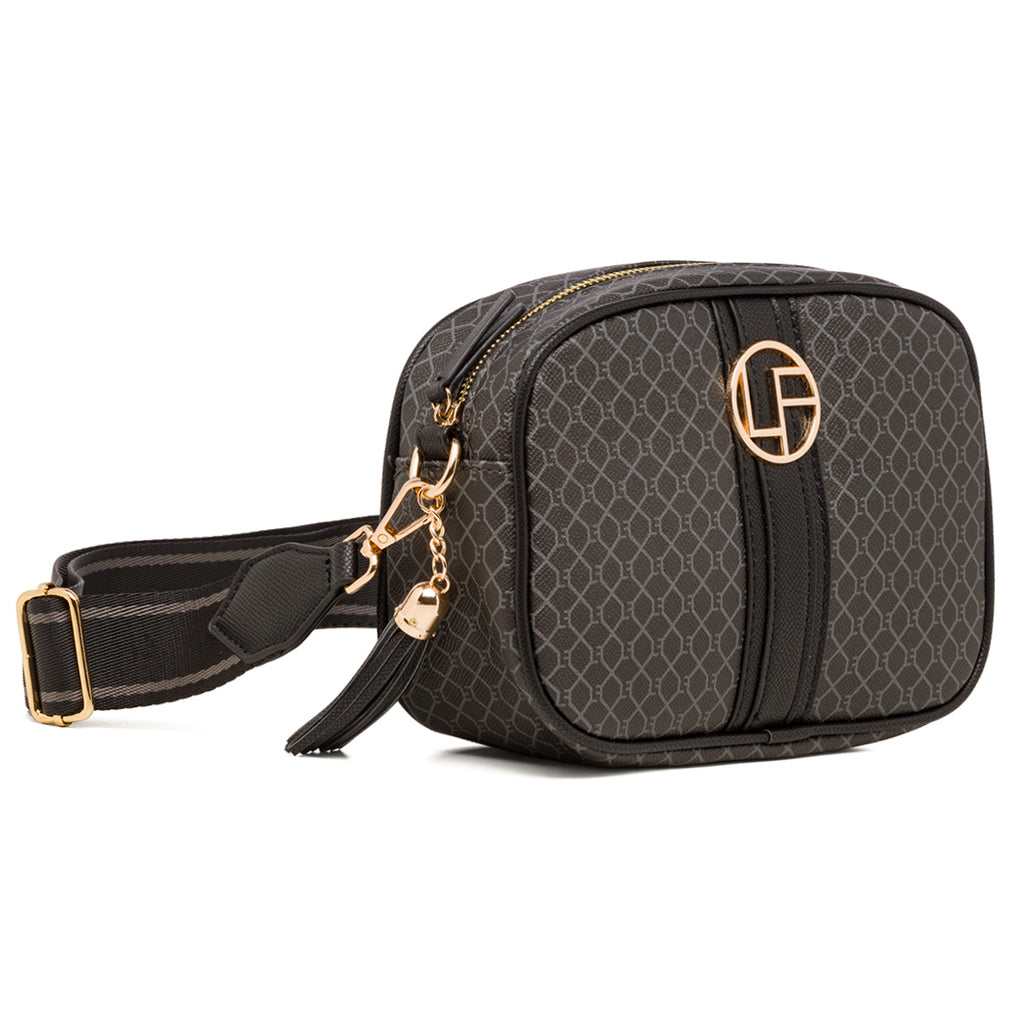 Borsa a tracolla da donna nera e grigia con logo Lora Ferres