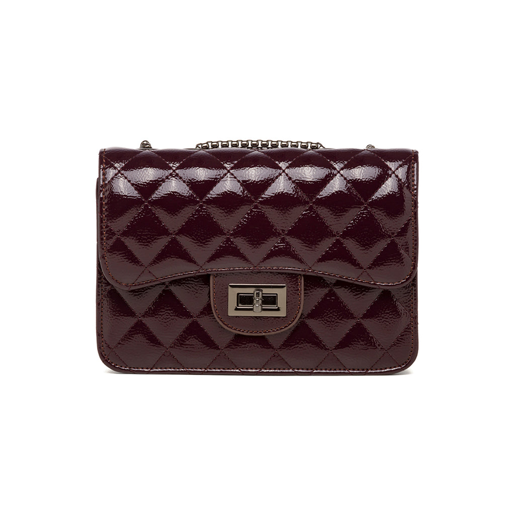 Borsa a tracolla da donna bordeaux effetto vernice con catenella Lora Ferres