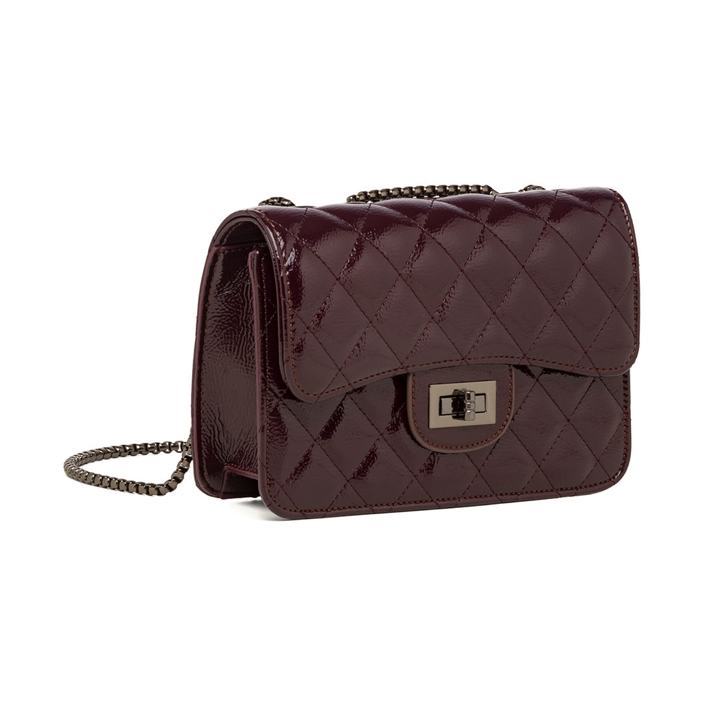 Borsa a tracolla da donna bordeaux effetto vernice con catenella Lora Ferres