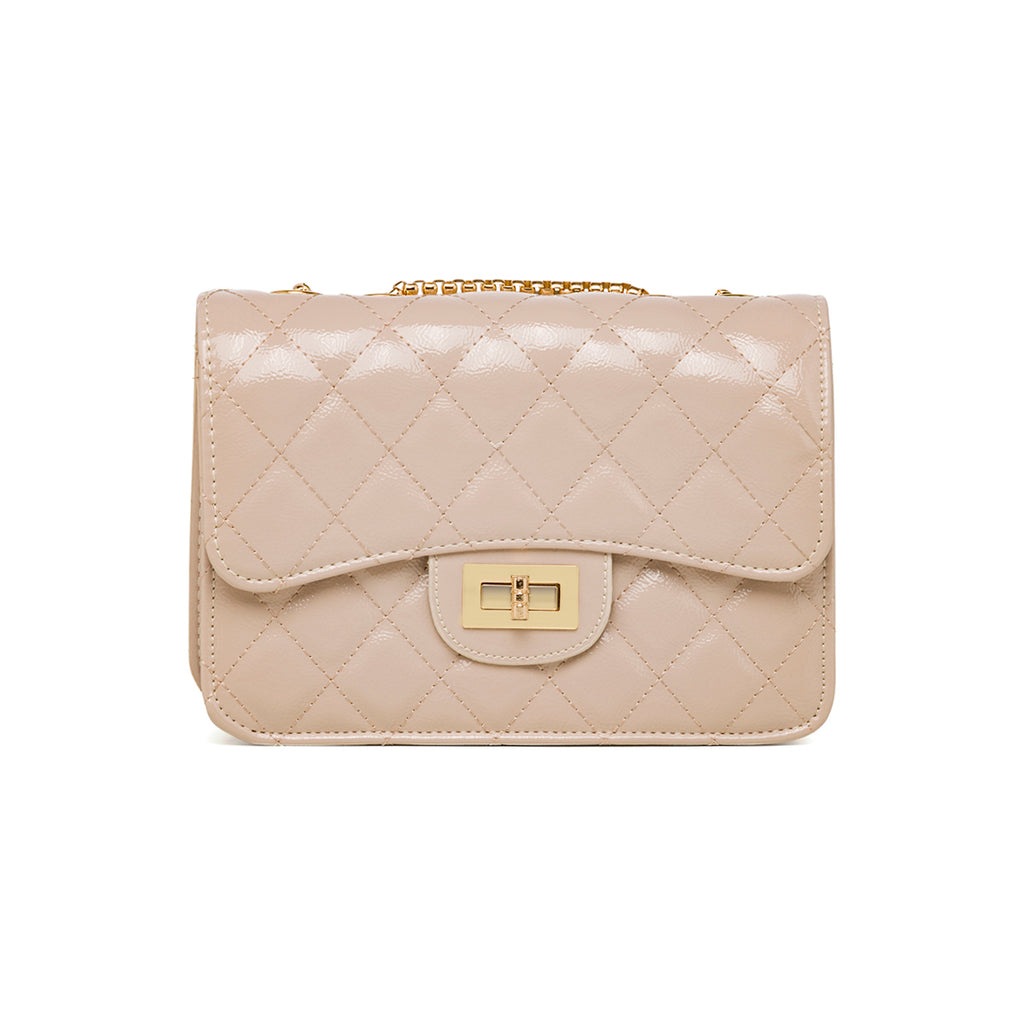 Borsa a tracolla da donna beige effetto vernice con catenella Lora Ferres