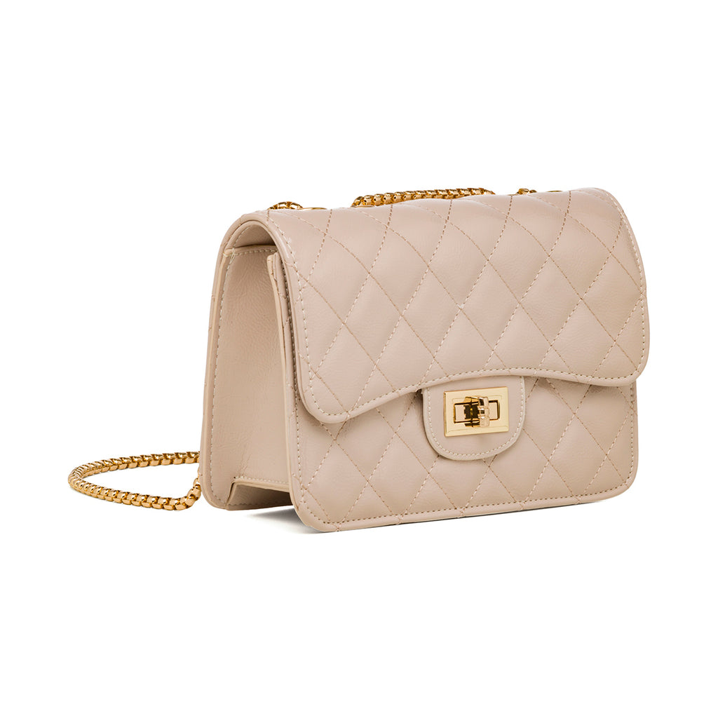 Borsa a tracolla da donna beige effetto vernice con catenella Lora Ferres