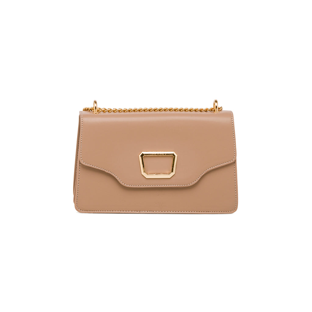 Borsa a tracolla da donna taupe con logo in metallo Lora Ferres