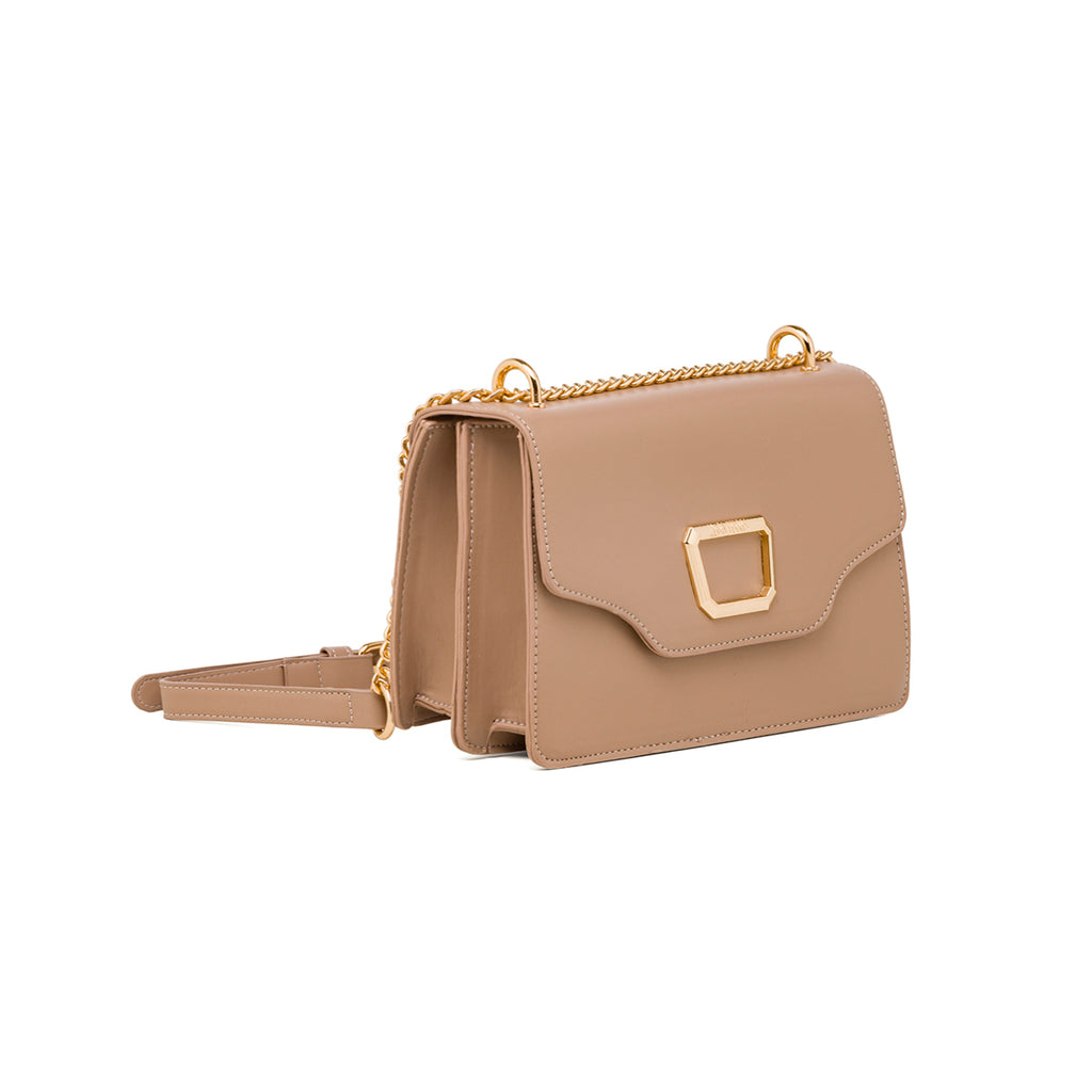 Borsa a tracolla da donna taupe con logo in metallo Lora Ferres