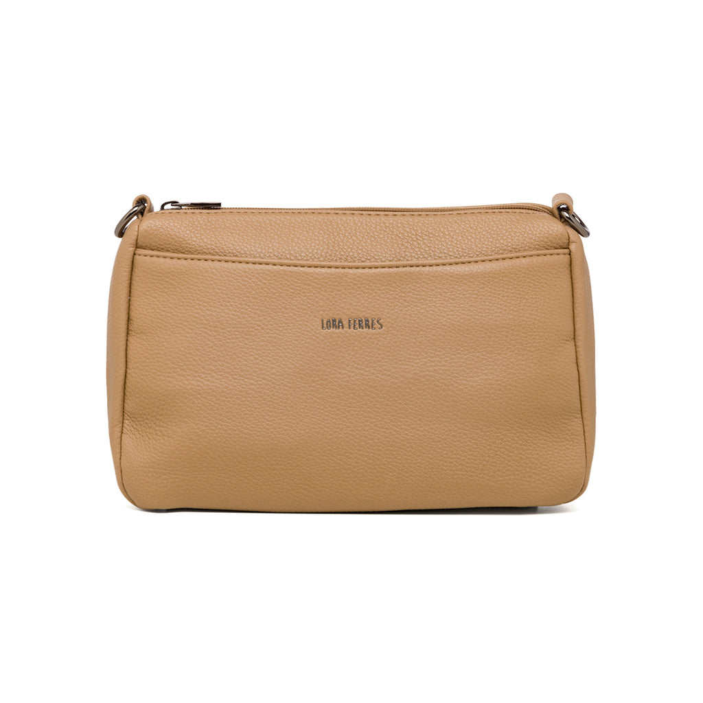 Borsa a tracolla da donna color taupe con logo in metallo Lora Ferres