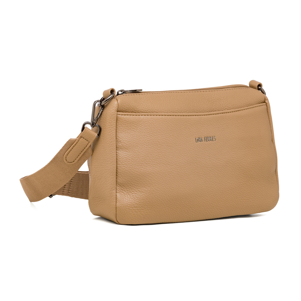 Borsa a tracolla da donna color taupe con logo in metallo Lora Ferres