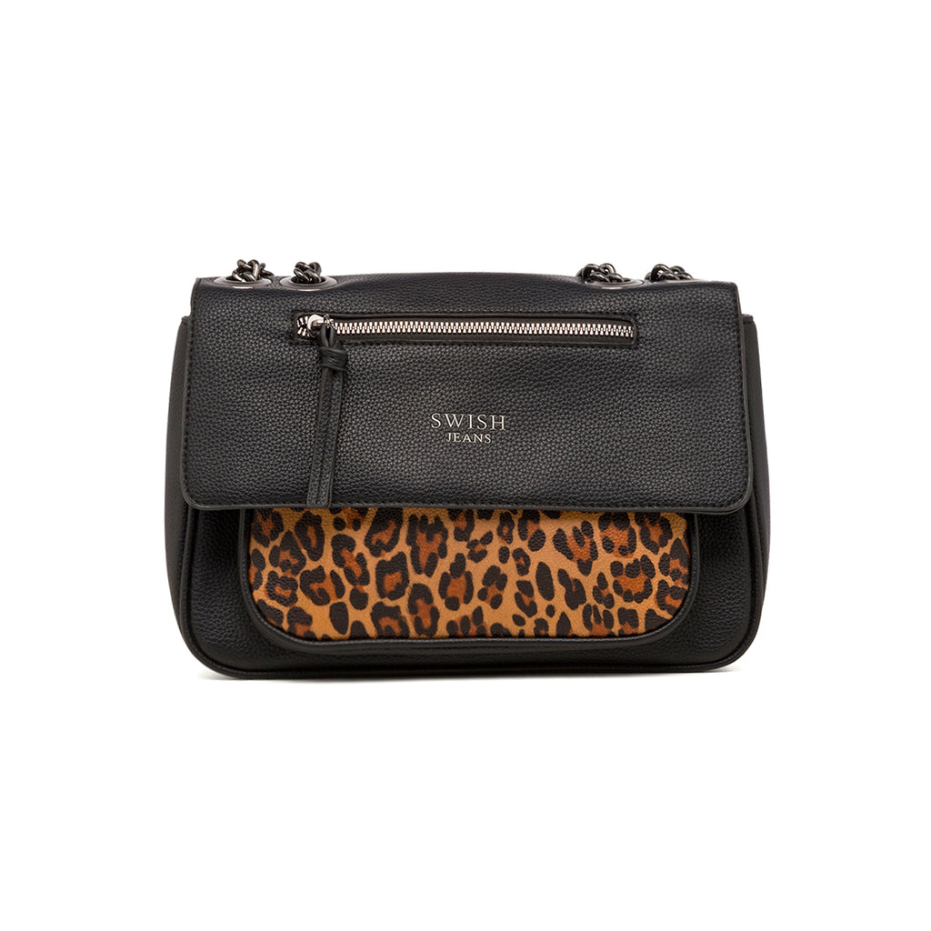 Borsa a spalla nera da donna con dettaglio leopardato Swish Jeans