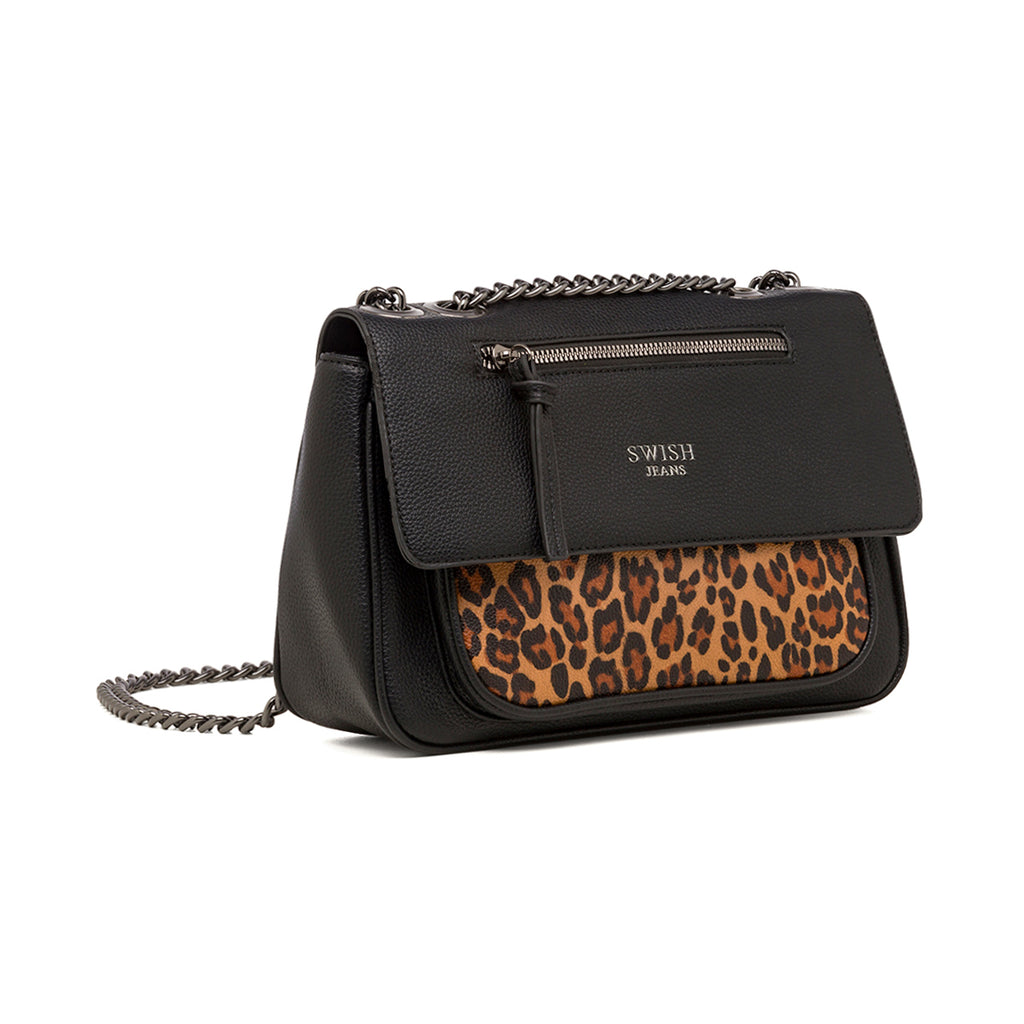 Borsa a spalla nera da donna con dettaglio leopardato Swish Jeans