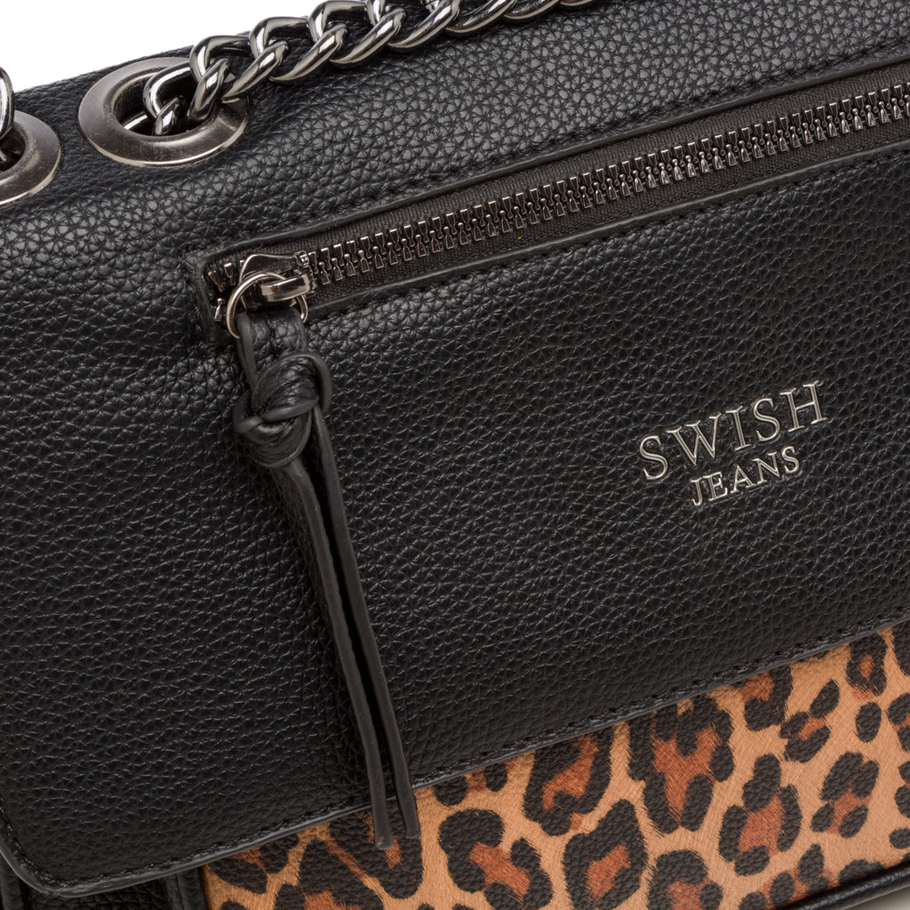 Borsa a spalla nera da donna con dettaglio leopardato Swish Jeans