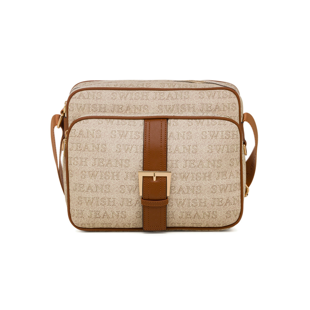 Borsa a tracolla da donna beige con logo e dettagli color marrone Swish Jeans