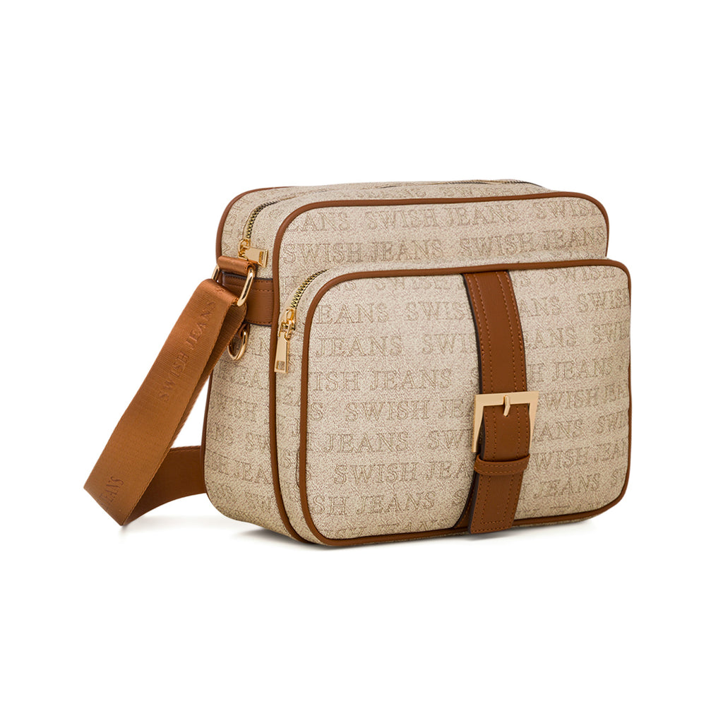 Borsa a tracolla da donna beige con logo e dettagli color marrone Swish Jeans
