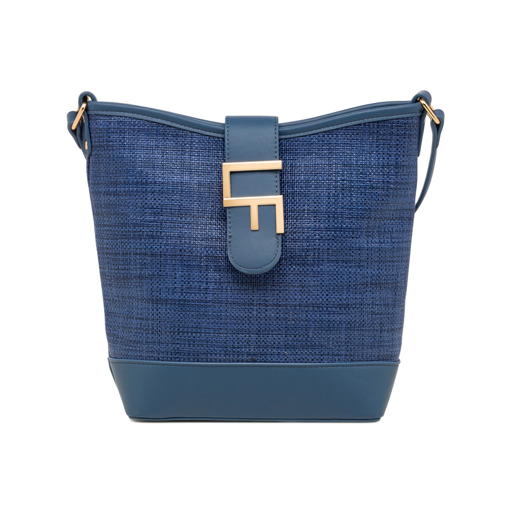 Borsa a tracolla blu da Donna effetto rafia con logo Lora Ferres