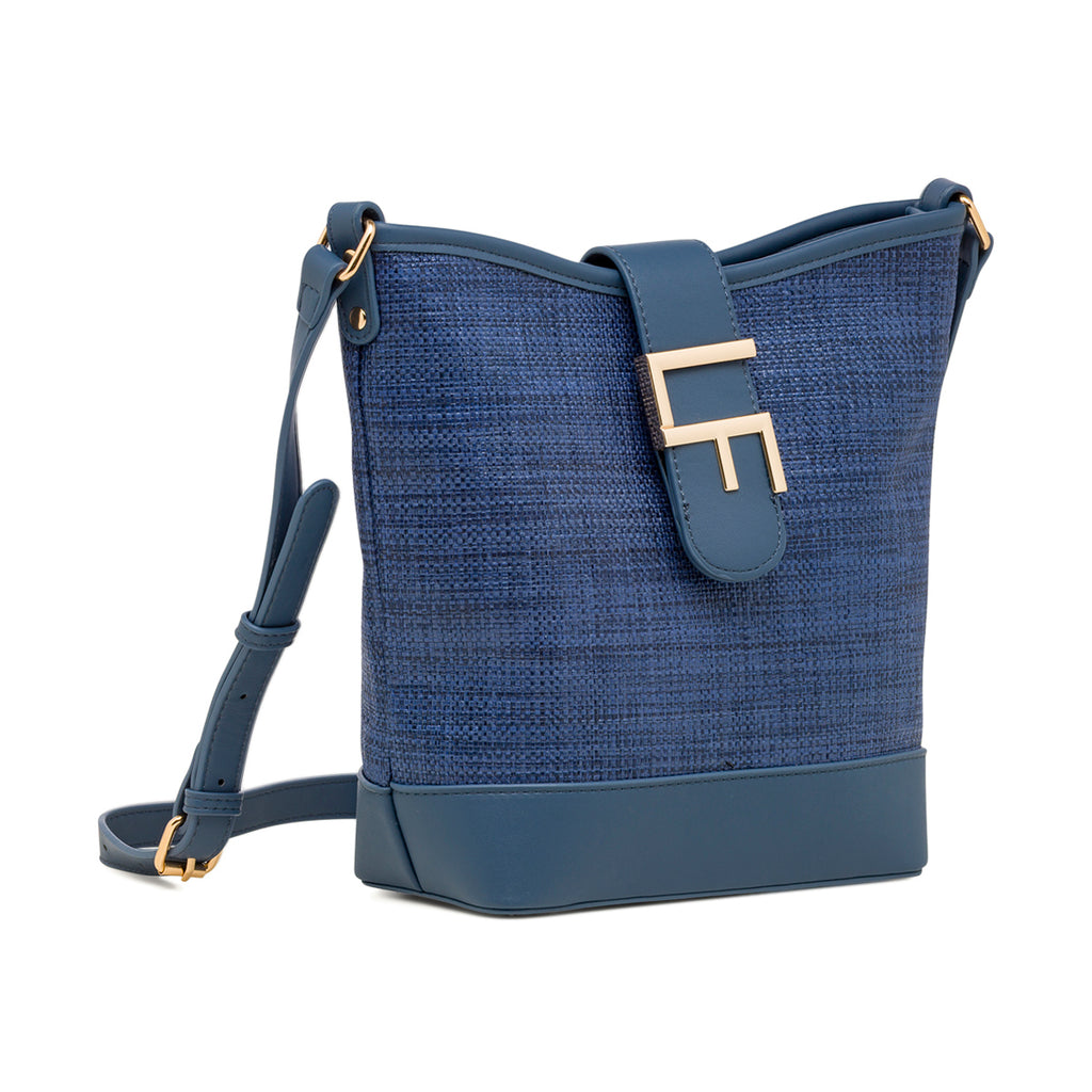 Borsa a tracolla blu da Donna effetto rafia con logo Lora Ferres