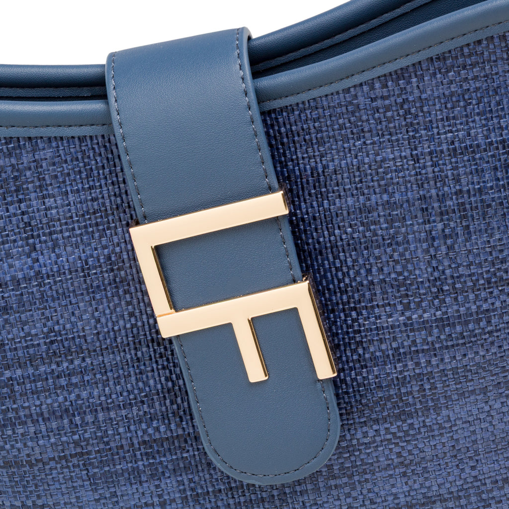 Borsa a tracolla blu da Donna effetto rafia con logo Lora Ferres