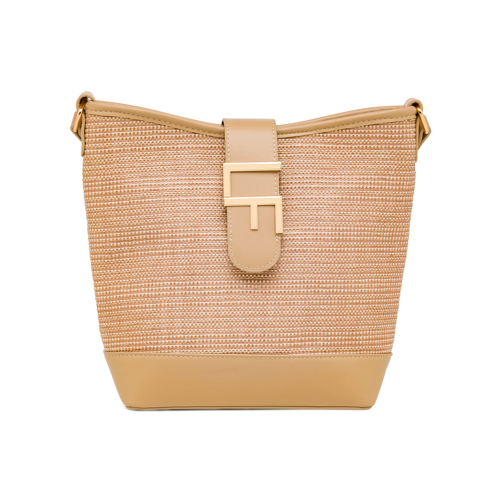 Borsa a tracolla beige da Donna effetto rafia con logo Lora Ferres