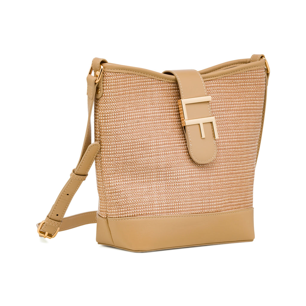 Borsa a tracolla beige da Donna effetto rafia con logo Lora Ferres