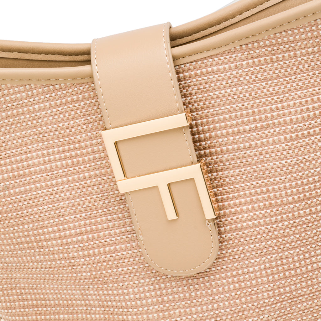 Borsa a tracolla beige da Donna effetto rafia con logo Lora Ferres