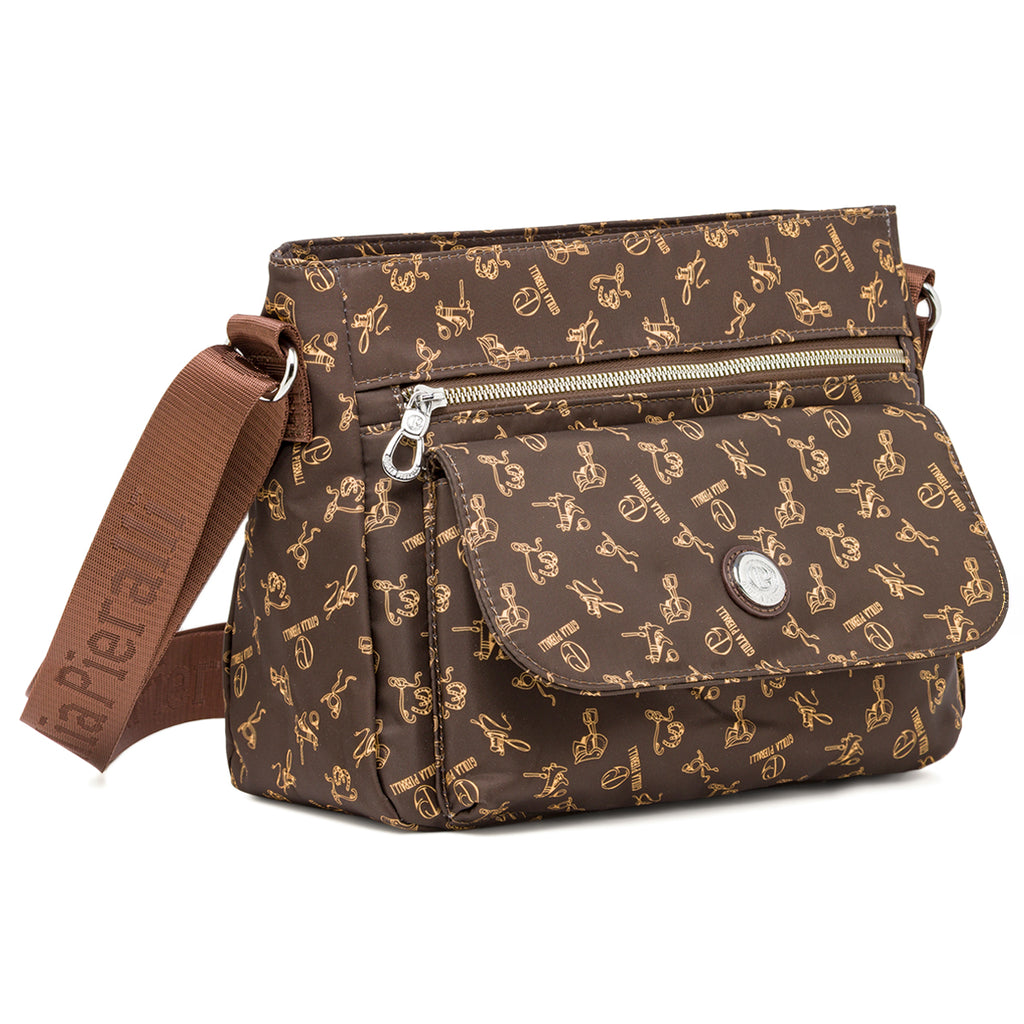 Borsa a tracolla da donna marrone Giulia Pieralli con stampa logata