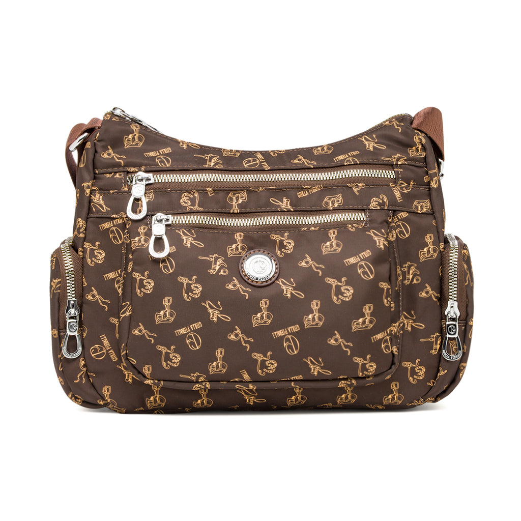 Borsa a tracolla da donna marrone Giulia Pieralli con stampa e tasche