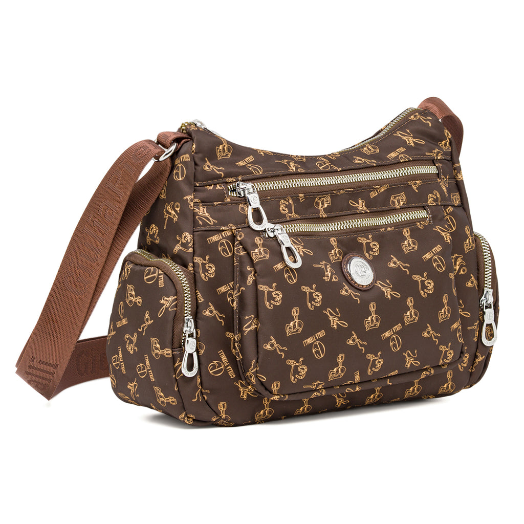 Borsa a tracolla da donna marrone Giulia Pieralli con stampa e tasche