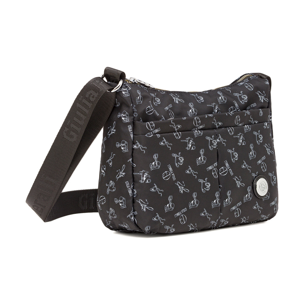 Borsa a tracolla da donna nera con stampa all-over Giulia Pieralli