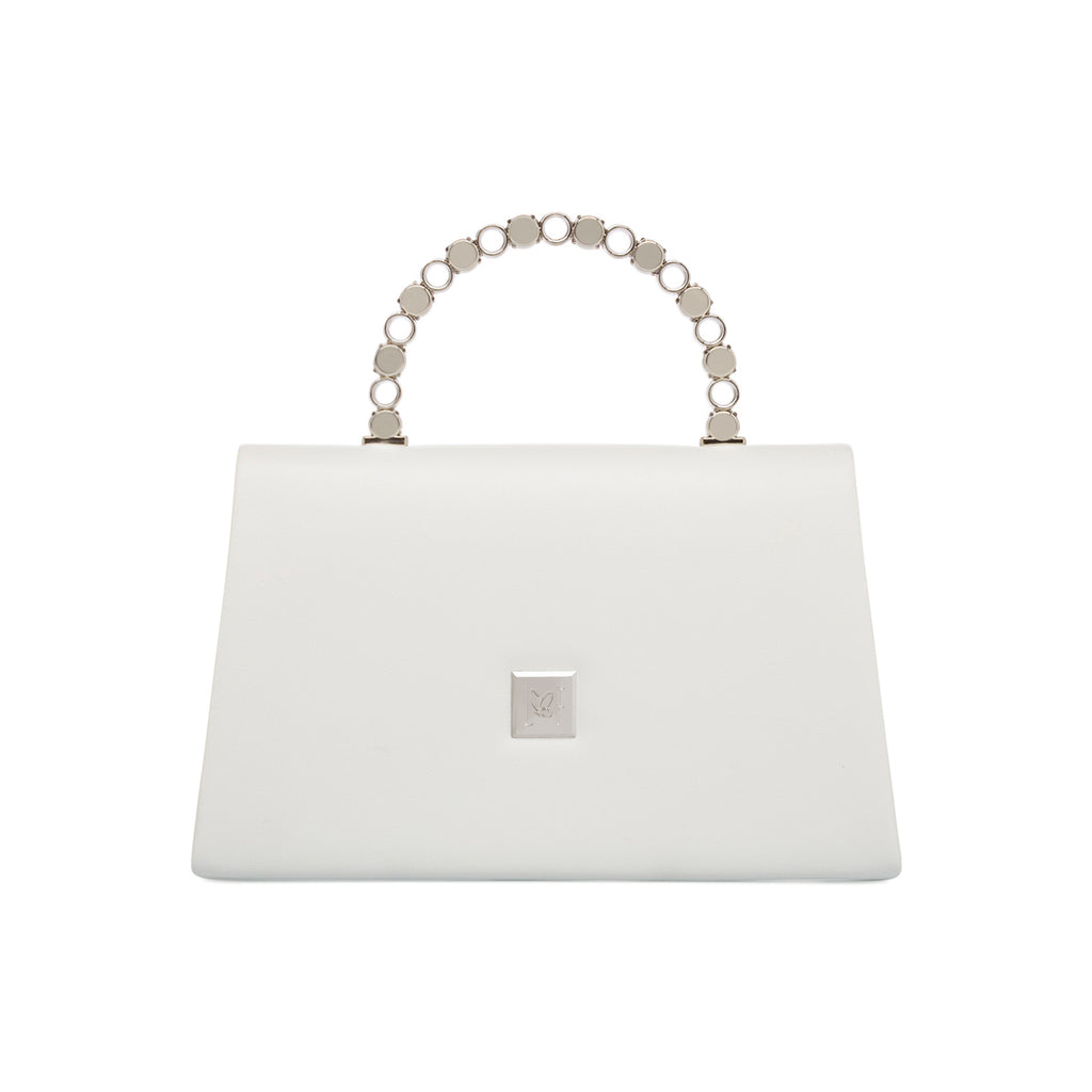 Borsetta da donna bianca con manico in metallo decorato con strass Lora Ferres